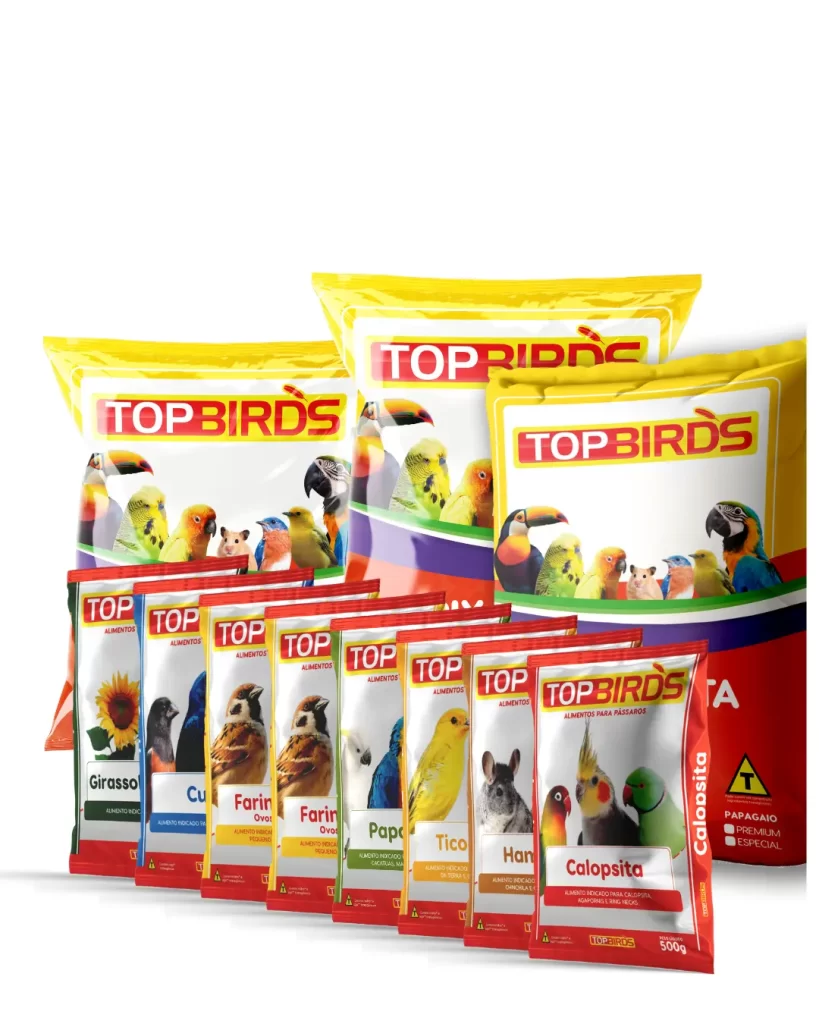 Produtos da marca Top Birds, alimento, ração e mistura para pássaros, aves e frangos.