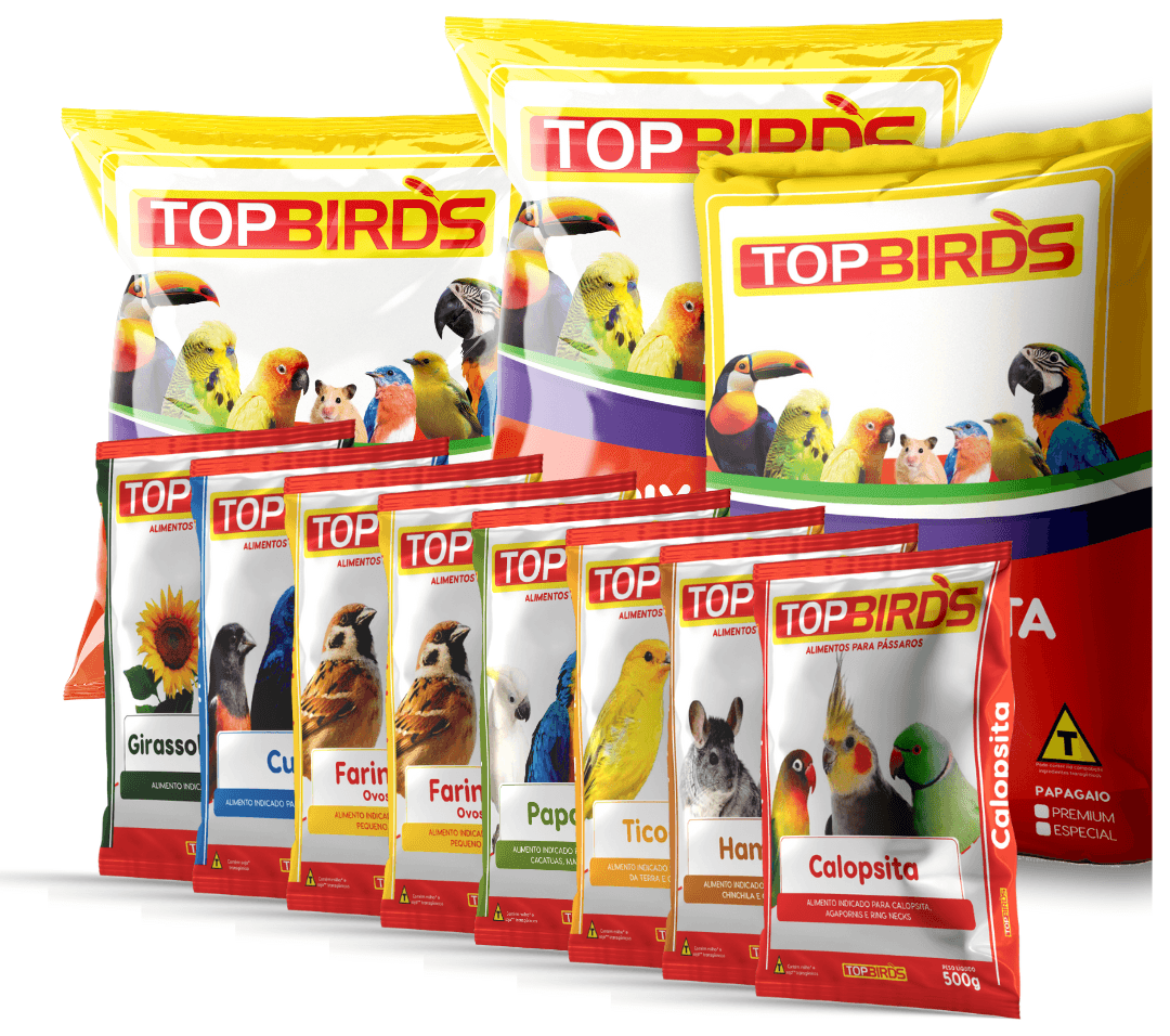 Produtos da marca Top Birds, alimento, ração e mistura para pássaros, aves e frangos.